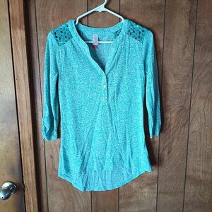 No Boundaries Teal Crochet Shoulder Tunic Top Womens M Boho 3/4 Sleeve